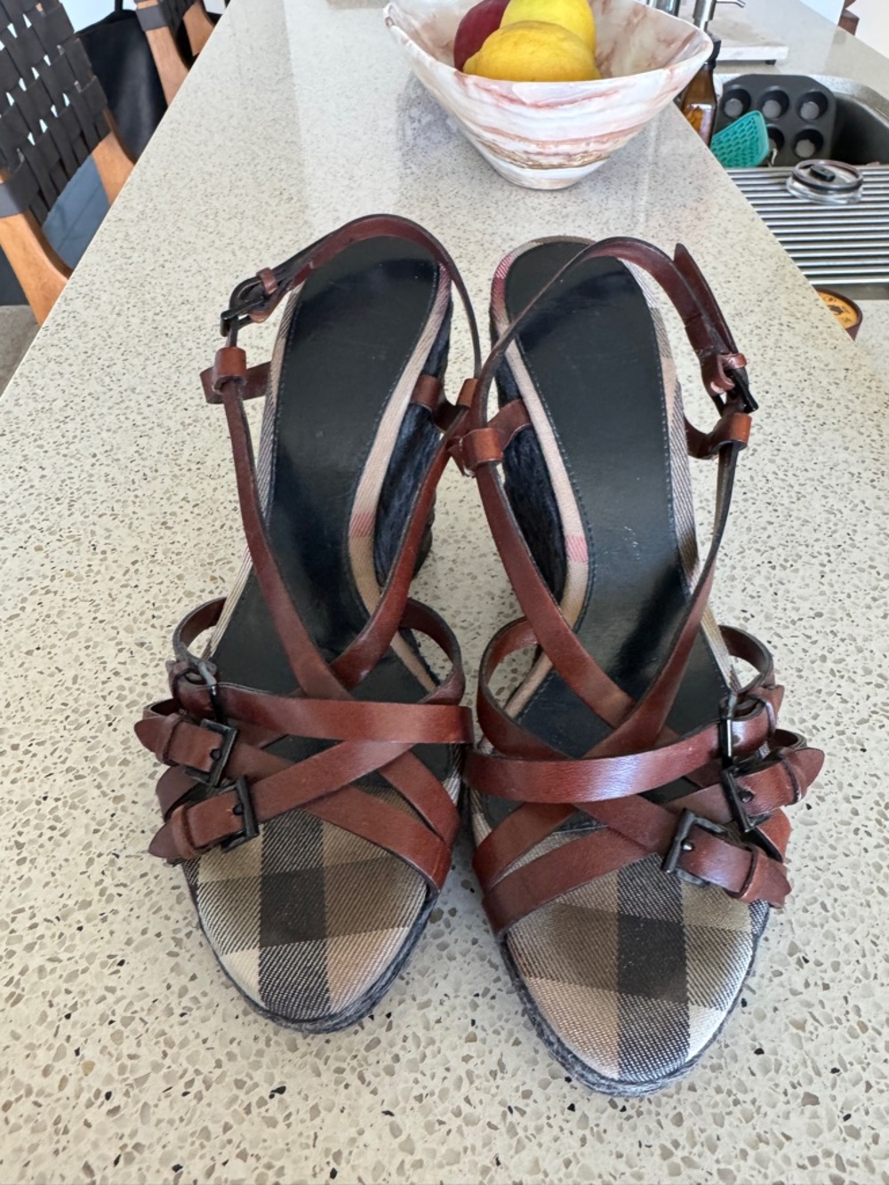 Burberry Brown Leather Strappy Wedge Sandals, Signature Check 8.5-9 us (40eu)